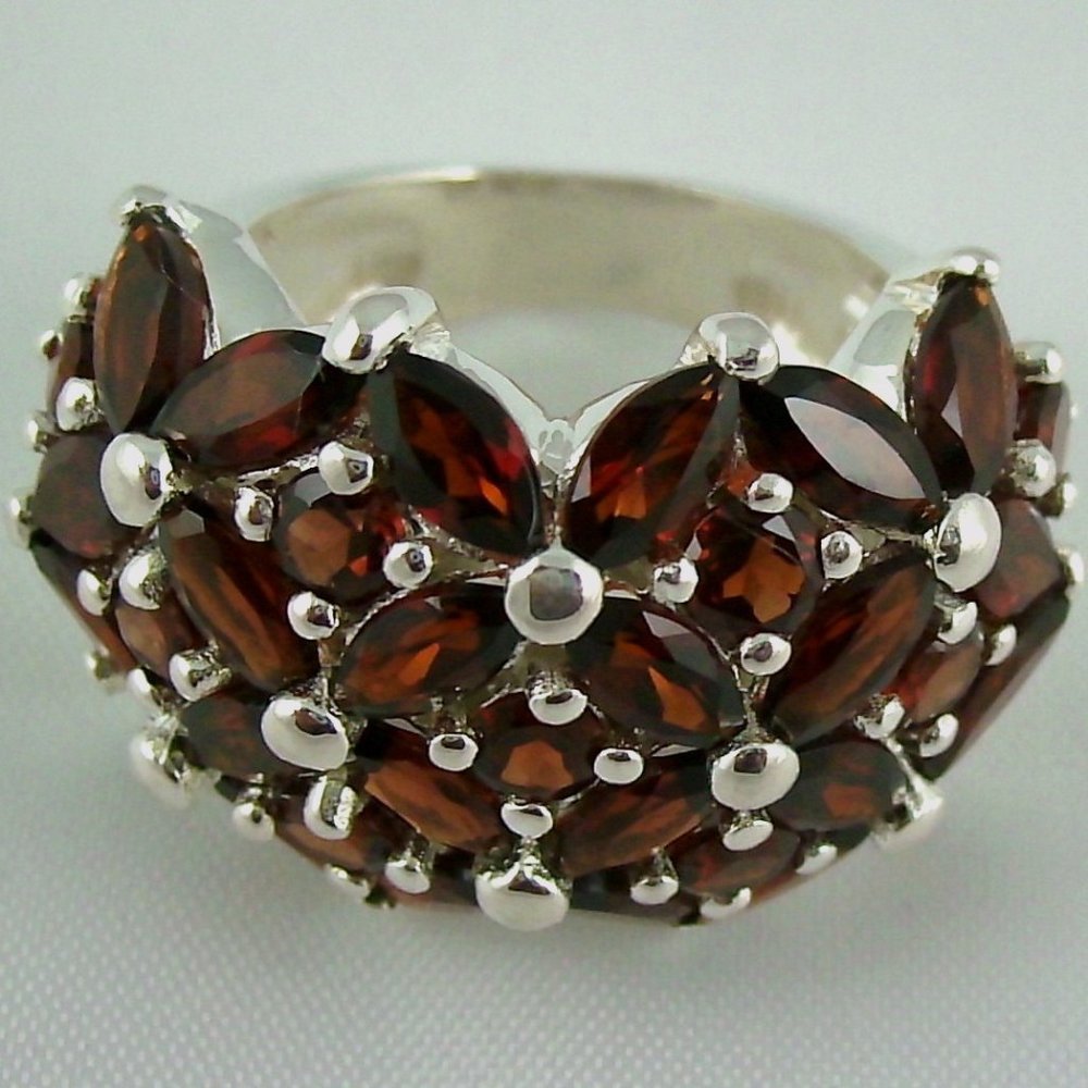 Sterling Silver Garnet Cluster Ring - Deep Red Floral Design